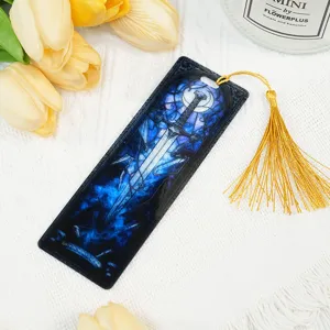 Acrylic fantasy sword bookmark with gold tassel, translucent stained glass art design.