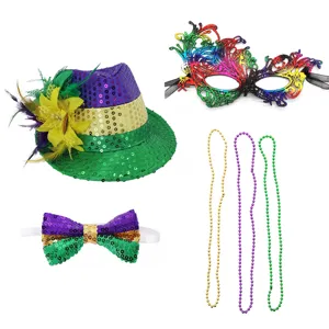 Mardi Gras feest kostuum set detail met pailletten hoed, masker, vlinderdas en kleurrijke kralen.