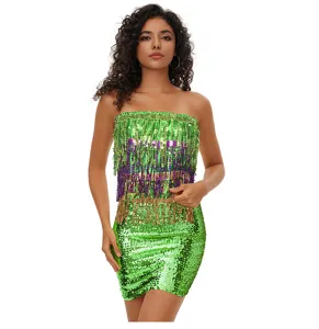 Green purple sequin bandeau top fringe skirt carnival party outfit Mardi Gras set