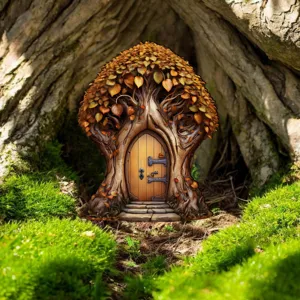 Houten sprookjesboomhuisdeur buiten tuindecoratie met herfstbladeren en stenen treden voor tuin.
