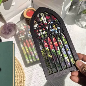 Gothic wooden stained glass window hanging ornament home decor floral translucent display piece