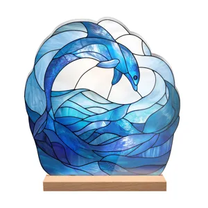 Stained glass style dolphin acrylic desktop decoration with wooden base for home decor.