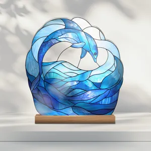 Acrylic stained glass dolphin ocean wave desktop ornament home decor wooden base clear