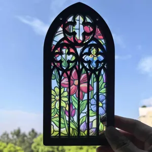 Gothic arch wooden stained glass window hanging pendant floral translucent home decor ornament