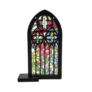 Stained glass wooden window ornament with floral pattern, Gothic arched desktop decor and display.