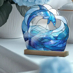 Acrylic dolphin ocean wave tabletop decoration stained glass style with wooden base display