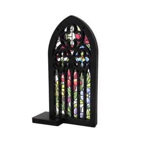 Gothic arch wooden window detail ornament, colorful translucent floral tabletop decor display.