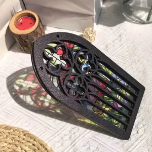 Gothic stained glass wooden window ornament, translucent hanging decor for home wall or desk.