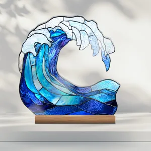 Stained glass style acrylic ocean wave desktop ornament with wooden base for home decor.