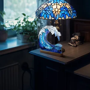 Acrylic wave desktop ornament with wood base, clear glass texture for home decor.