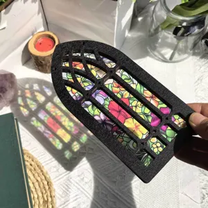 Gothic arch wooden stained glass window hanging pendant light-transmitting home decor ornament