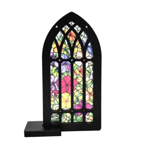 Gothic arched wooden stained glass window decor desktop ornament light transmissive panel