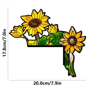 Vista dettagliata adesivo angolare girasole in vetrata, con motivi floreali e dimensioni precise.