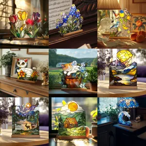 Acrylic Desktop Ornament Simulated Glass Texture Floral Animal Landscape Stained Glass Style Home Decor