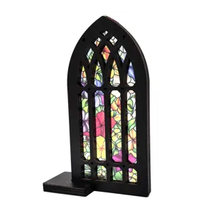 Gothic arched wooden window tabletop decor with colorful translucent floral stained glass style.