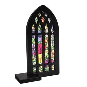 Wooden stained glass window ornament tabletop gothic floral light transmitting decor piece