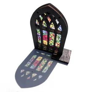 Gothic style wooden stained glass window ornament detail showcasing colorful light projection effect.