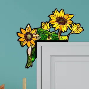 Adesivo per angolo porta girasole in vetro colorato ornamento da parete in legno