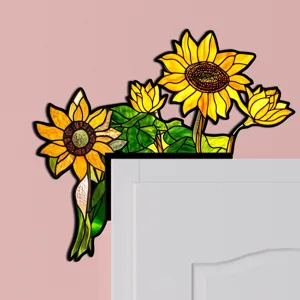 Arredo angolo porta girasole in vetro colorato, adesivo murale floreale vivace casa.