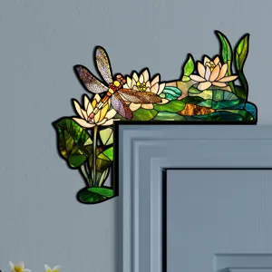 Adesivo per angolo porta libellula e ninfea stile vetrata decorazione dettaglio.