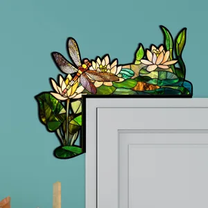 Adesivo per angolo porta con libellula e ninfea in stile vetrata, decorazione adesiva.