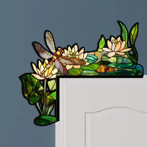 Adesivo da angolo porta libellula ninfea stile vetrate decorazione murale casa.