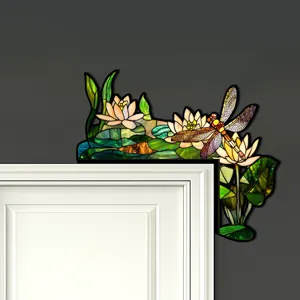 Decorazione angolare per telaio porta in stile vetrata con ninfea e libellula per casa.
