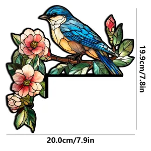 Adesivo angolare per porta con uccello blu e fiori stile vetrata colorata, decorazione murale.