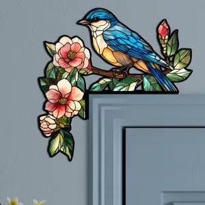 Adesivo per angolo porta uccello blu in vetrata artistico murale floreale decoro