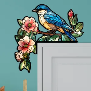 Adesivo decorativo per angolo porta in legno uccello e fiore stile vetro colorato.