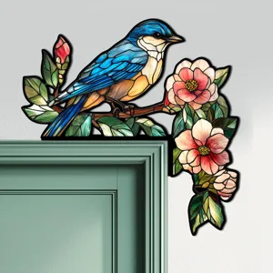 Adesivo per angolo porta in legno uccello blu stile vetrata, decorativo adesivo da parete.