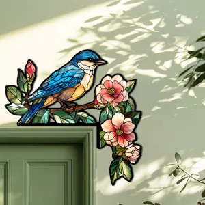 Bellissimo adesivo per angolo porta in legno vetrata uccellino blu fiori decorazione murale