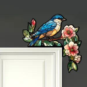 Adesivo per angolo porta uccello blu e fiore stile vetrate colorate decorazione casa