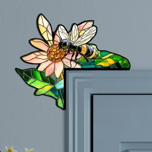 Adesivo angolare per porta in legno con design di api e fiori in vetro colorato decoro.