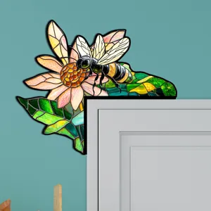 Adesivo angolare ape e fiore in stile vetro colorato dettaglio, ideale per decorare porte.