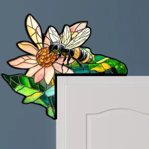 Adesivo per angolo porta ape e fiore in vetro colorato, accento decorativo in legno per la casa.