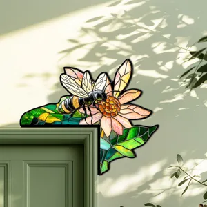Adesivo per angolo porta con ape e fiore in stile vetrata decorazione murale per la casa