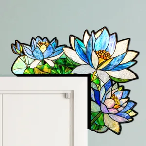 Adesivo per angolo porta loto in vetro colorato, sticker murale floreale per casa