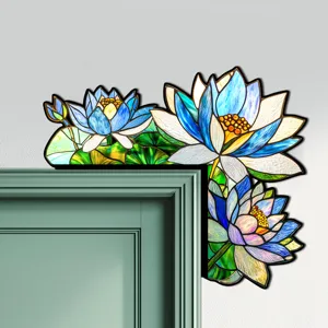 Adesivo per angolo porta in vetro colorato di loto, decalcomania decorativa adesiva floreale blu.