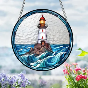 Stained glass lighthouse hanging suncatcher, acrylic round window ornament for home decor.