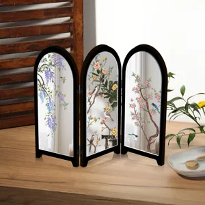 Desktop mini Chinese style three-fold mirror screen decoration with elegant floral bird art.