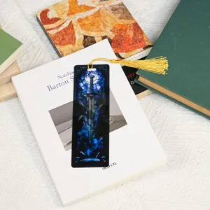 Acrylic stained glass bookmark with dragon and sword design and yellow tassel for students.