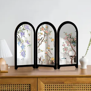 Miniature desktop folding screen mirror with Chinese traditional flower and bird art design.