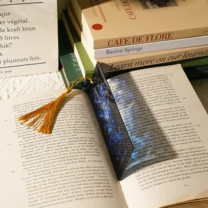 Exquisite translucent acrylic bookmark featuring a detailed dragon pattern and golden tassel.