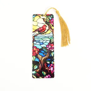 Acrylic stained glass style bookmark with gold tassel, beautiful colorful bird floral design.