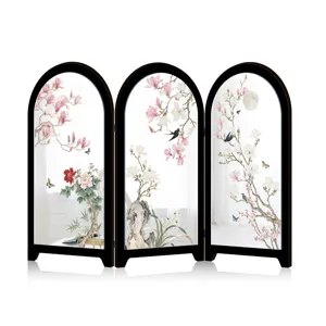 Mini desktop folding screen mirror, Chinese traditional floral art detail view for home decor.
