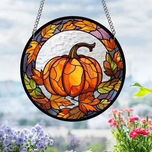 Acrylic autumn pumpkin stained glass suncatcher wall hanging pendant for home window decoration.