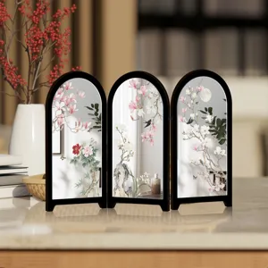 Mini desktop folding mirror screen with elegant Chinese floral art details for home interior decor.