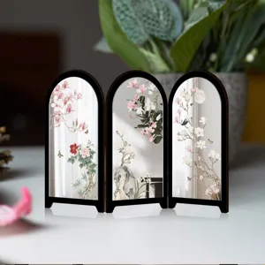 Desktop Chinese style mini mirror folding screen ornament with traditional floral art decor 1pc