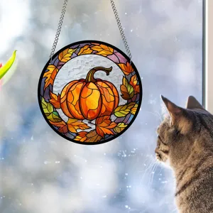 Acrylic stained glass pumpkin suncatcher wall hanging home decor, autumn window ornament details.